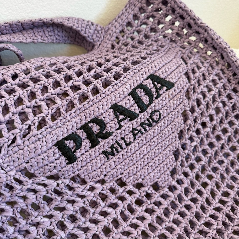 Prada “Lily” Purple Raffia Embroidered Logo Tote Shoulder Bag - Picture 7 of 12